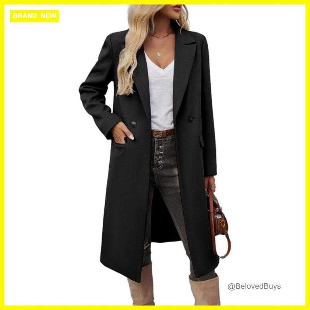 Wool Blend Pea Coat Knee Length Overcoat Notch Lapel Long Sleeve